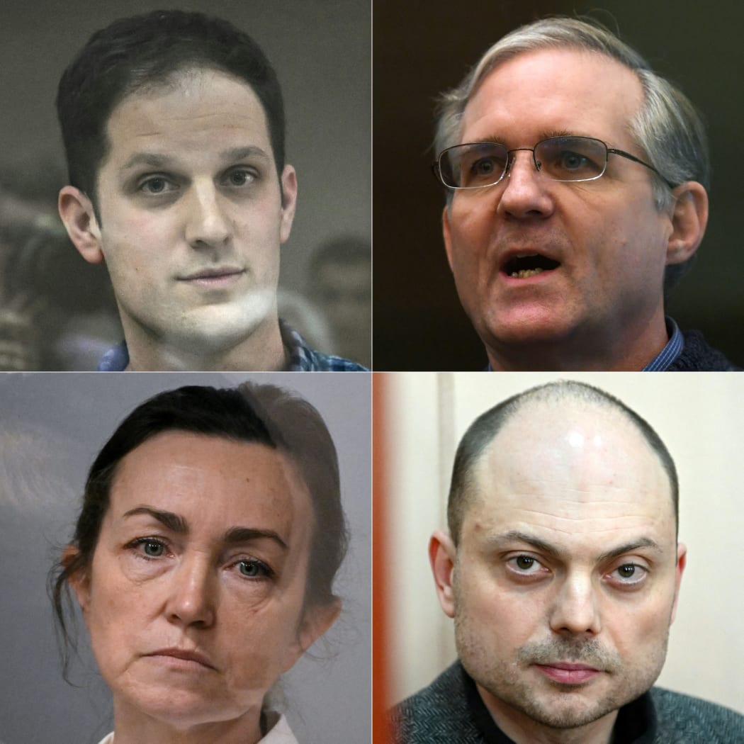 (L-R, top to bottom) US journalist Evan Gershkovich; Paul Whelan, a former US Marine; Alsu Kurmasheva, a US-Russian journalist for Radio Free Europe/Radio Liberty; and Russian opposition activist Vladimir Kara-Murza.