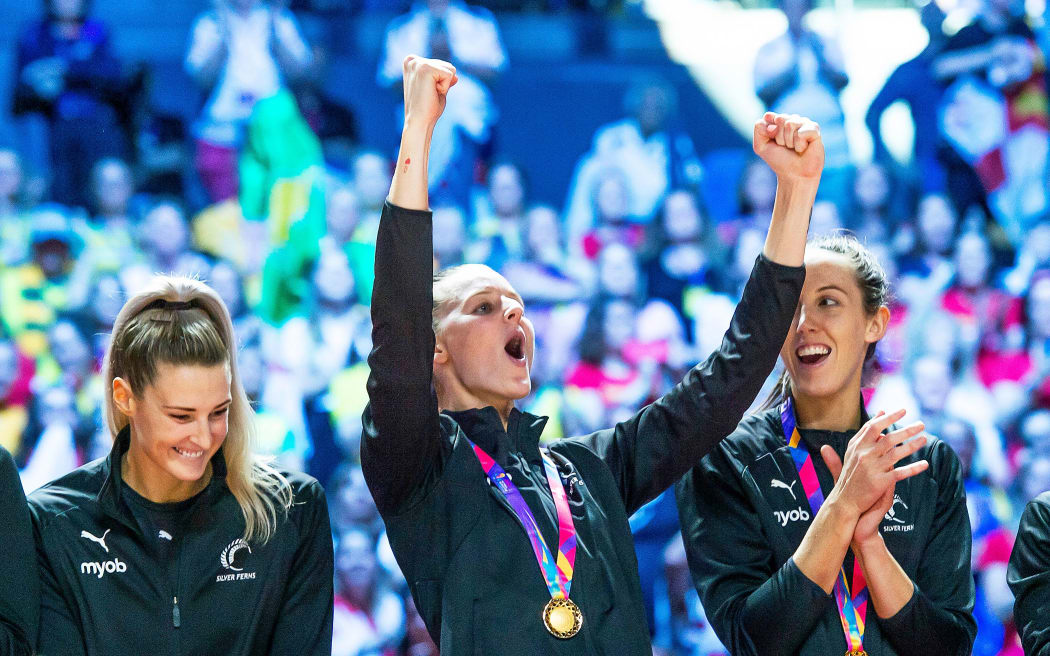 Katrina Rore celebrating gold at the 2019 Netball World Cup in Liverpool