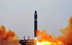 This picture taken on February 18, 2023 and released from North Korea’s official Korean Central News Agency (KCNA) on February 19, 2023 shows test-firing of the intercontinental ballistic missile (ICBM) “Hwasong-15”, at Pyongyang International Airport. (Photo by STRINGER / KCNA VIA KNS / AFP) / South Korea OUT / —-EDITORS NOTE—- RESTRICTED TO EDITORIAL USE - MANDATORY CREDIT “AFP PHOTO/KCNA VIA KNS” - NO MARKETING NO ADVERTISING CAMPAIGNS - DISTRIBUTED AS A SERVICE TO CLIENTS / THIS PICTURE WAS MADE AVAILABLE BY A THIRD PARTY. AFP CAN NOT INDEPENDENTLY VERIFY THE AUTHENTICITY, LOCATION, DATE AND CONTENT OF THIS IMAGE —- /