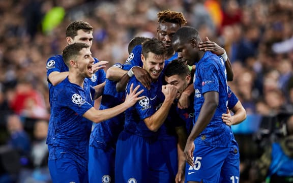 Mateo Kovacic of Chelsea celebrates  with his team mates after scoring.