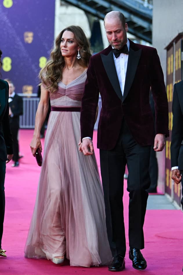 Britain's Catherine, Princess of Wales and Britain's Prince William, Prince of Wales, arrive at the BAFTA British Academy Film Awards at the Royal Festival Hall, Southbank Centre, in London, on February 22, 2026.