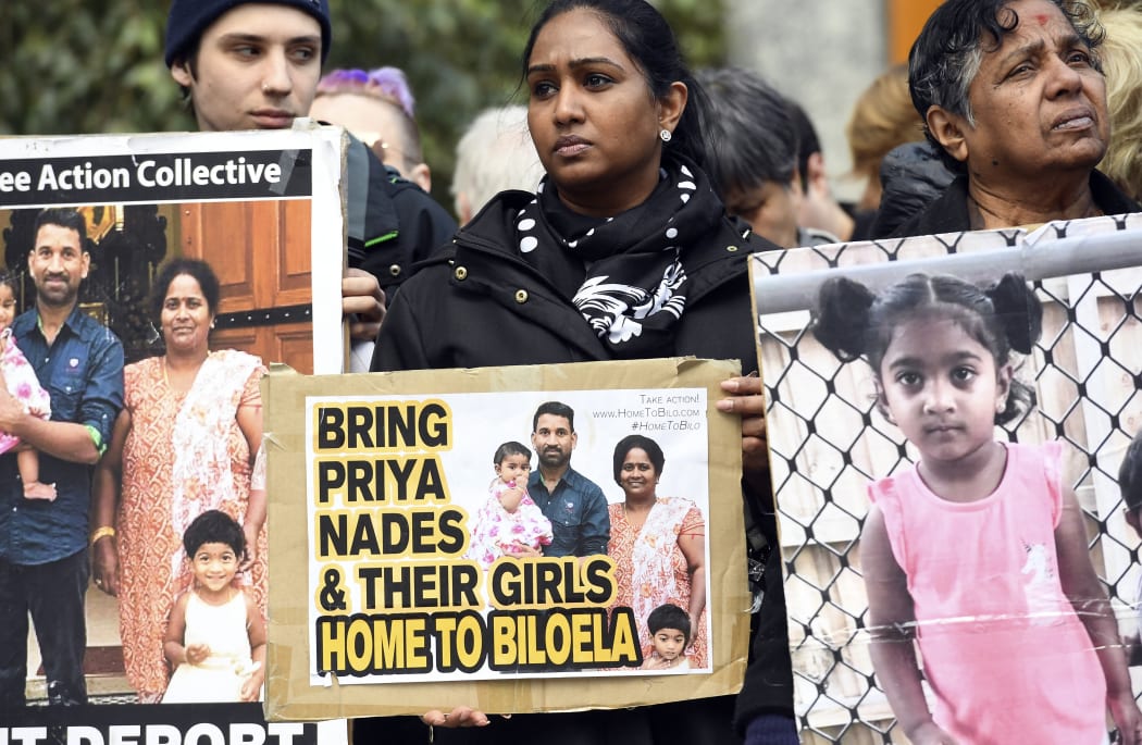 A protest outside the Federal Court in Melbourne on 4 September 2019, after a hearing in a case temporarily spared a Tamil family of four -- including two Australian-born toddlers -- from deportation and fuelled a political firestorm.