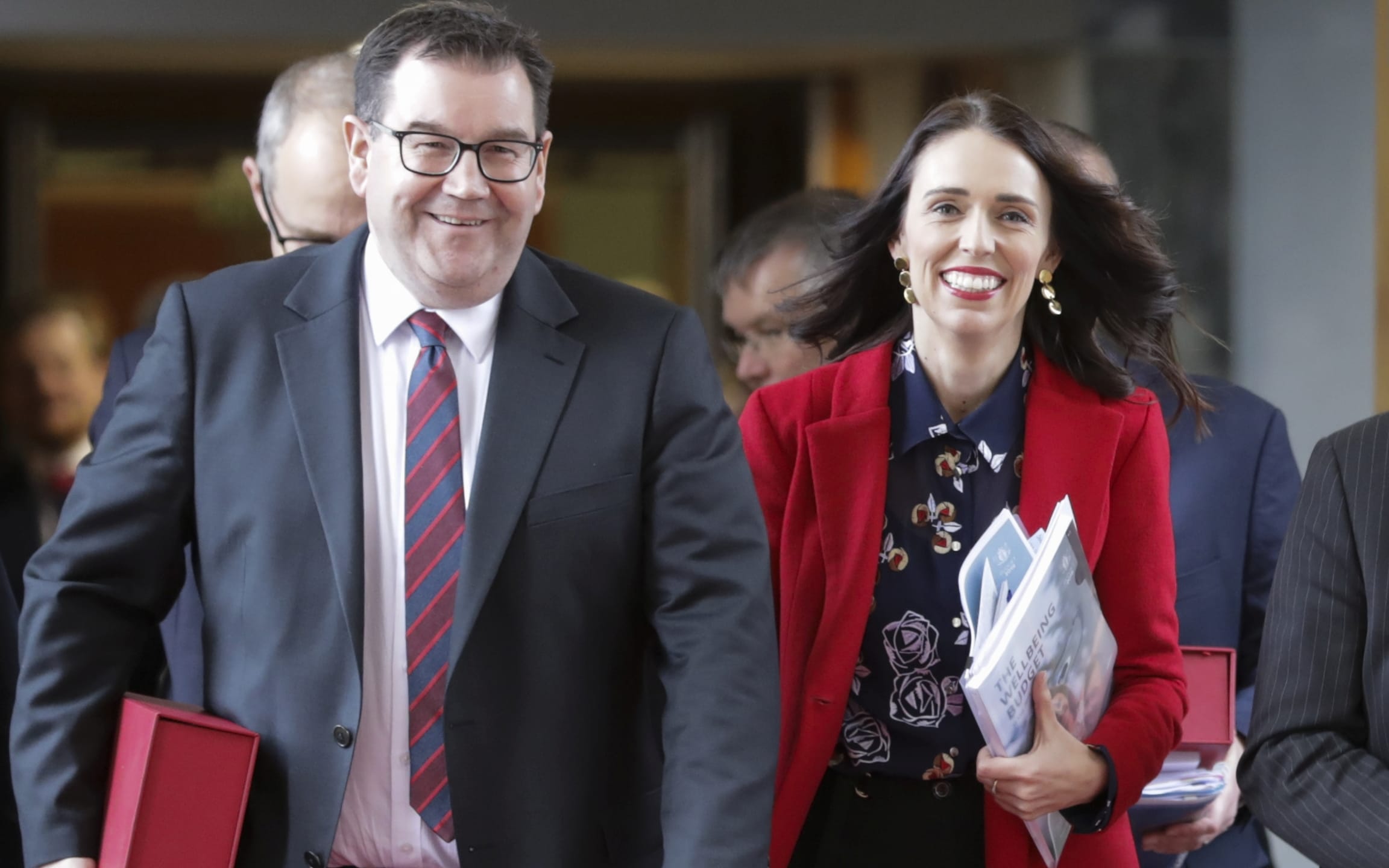 Grant Robertson, Jacinda Ardern, Winston Peters and James Shaw leave the budget lock-up.