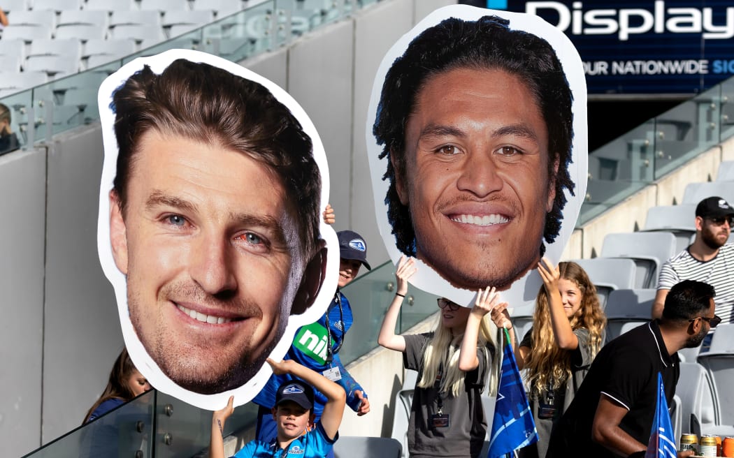 Blues fans with big heads of Beauden Barrett and Caleb Clarke during the Super Rugby Paciﬁc - Blues v Force match held at Eden Park, Auckland   26  March  2023       Photo: Brett Phibbs / www.photosport.nz