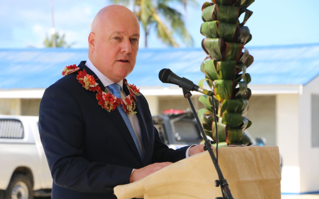Christopher Luxon speaks at Tonga's police headquarters, announcing further support for the Pacific Detector Dog programme.