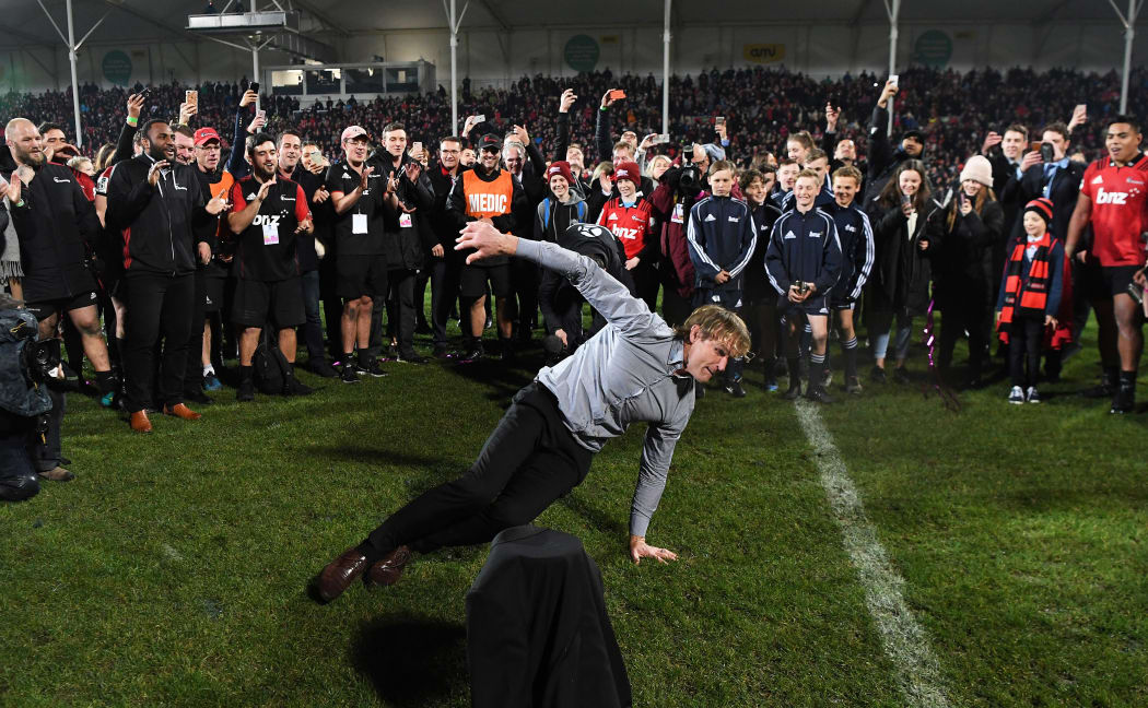 Crusaders coach Scott Robertson break dances at the end of the match.
Crusaders v Lions, Super Rugby Final.