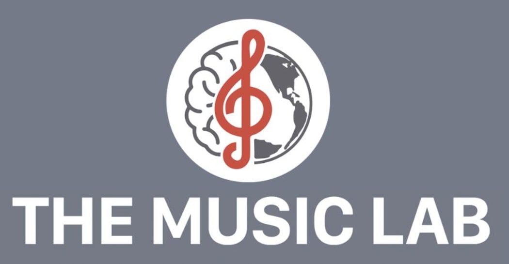 The Music Lab graphic - a music treble clef is superimposed over a combined image of the human brain and a globe of the world.
