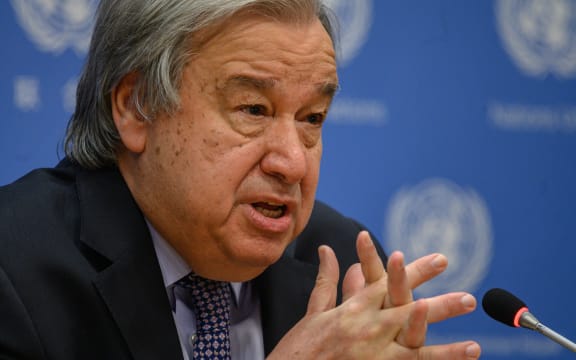 UN Secretary-General Antonio Guterres delivers remarks during the End of Year Press Conference at the UN headquarters in New York City on December 19, 2022. (Photo by Ed JONES / AFP)