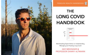 composite of Gez Medinger and the cover of the book "The Long COVID handbook"
