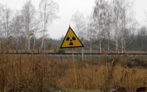 A  radiation sign is seen in Chernobyl, Ukraine, on 25 December, 2019. The Chernobyl disaster on the Chernobyl nuclear power plant occurred on April 26, 1986.
