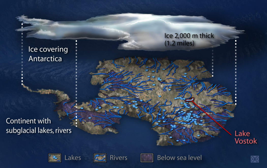An artist’s representation of the drainage systems beneath the Antarctic ice sheet.