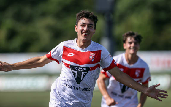 Super sub Waitakere United's Leon Van Den Hoven scores and celebrates Waitakere's opening goal. ISPS Handa Men's Premiership, Waitakere United v Hawkes Bay United, Seddon Fields Auckland, Sunday 21st February 2021.