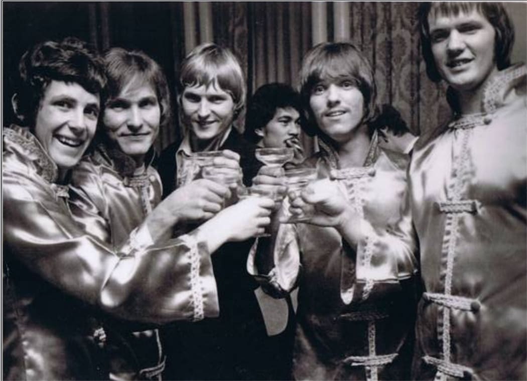Hi-Revving Tongues (left to right) keyboardist Bruce Coleman, drummer Rob Noad, vocalist Chris Parfitt, lead and rhythm guitarist Mike Balcombe  and bass player John Walmsley. Taken at the Loxene Gold Disk Awards in 1967.