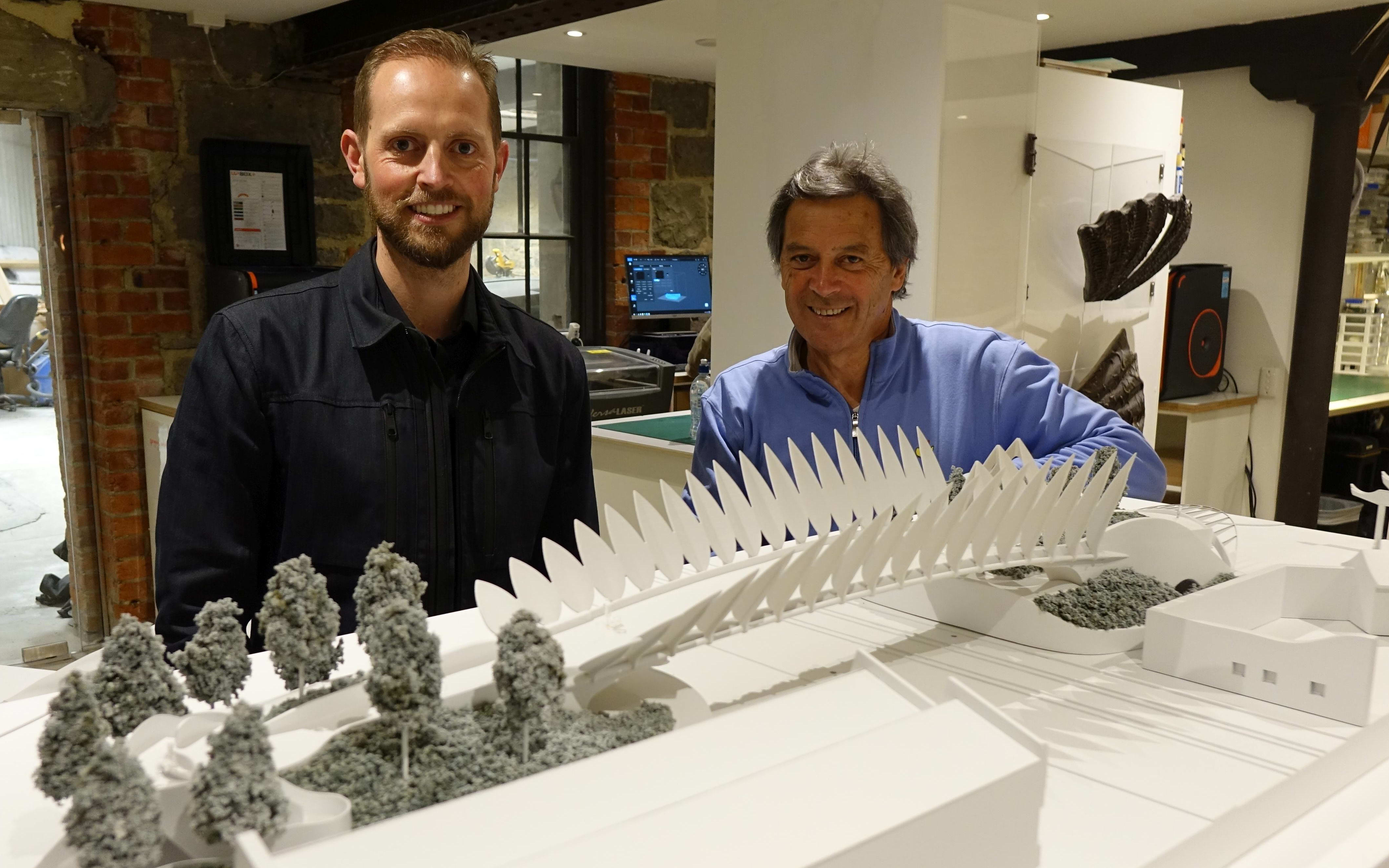 Architect Damien van Brandenburg and Animation Research Ltd chief executive Ian Taylor inspect a 3D-printed model of Mr van Brandenburg’s proposal for an overbridge linking central Dunedin and the waterfront.