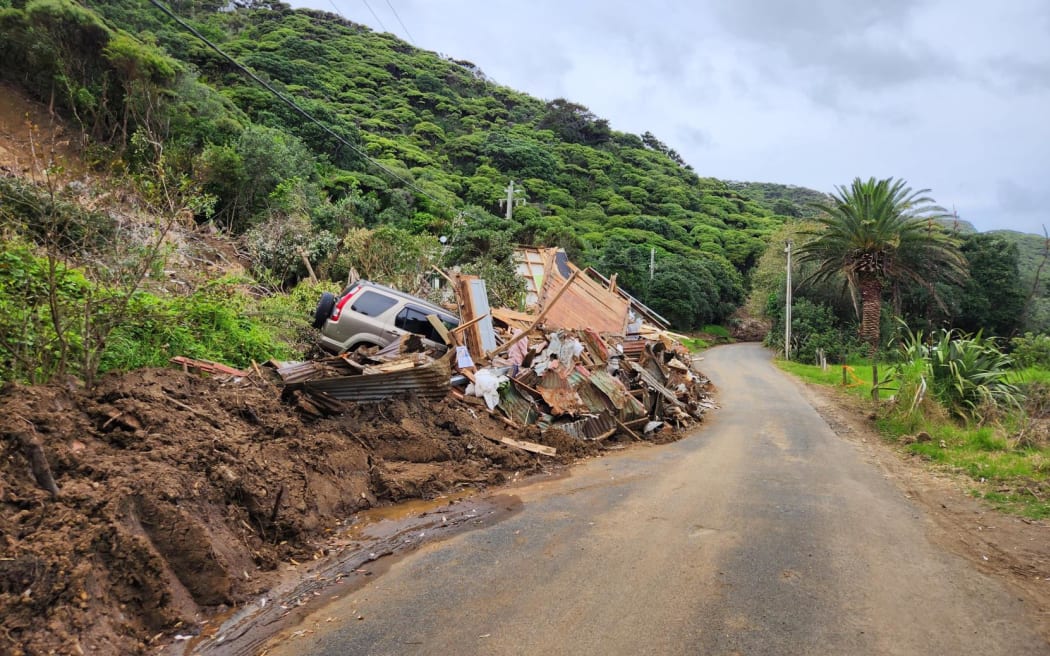 Slips, house damage in Karekare in West Auckland caused by Cyclone Gabrielle