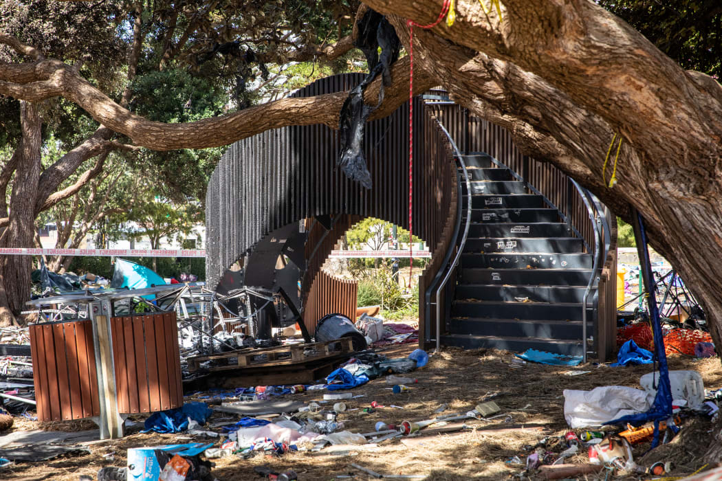 Rubbish surrounds the Parliament playground which was set ablaze by protesters yesterday.