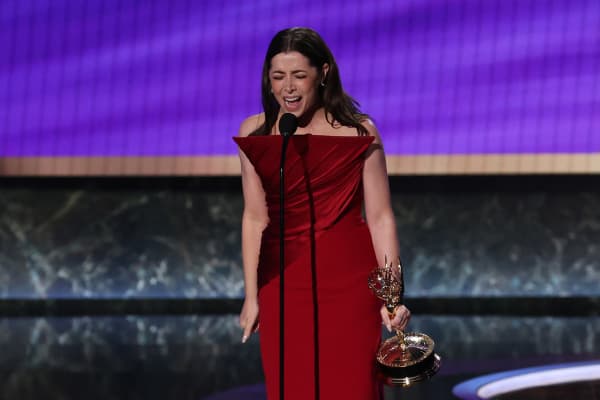 US actress Cristin Milioti accepts the Outstanding Lead Actress in a Limited or Anthology Series or Movie award for "The Penguin" during the 77th Primetime Emmy Awards at the Peacock Theatre at LA Live in Los Angeles on September 14, 2025. (Photo by VALERIE MACON / AFP) / RESTRICTED TO EDITORIAL USE
