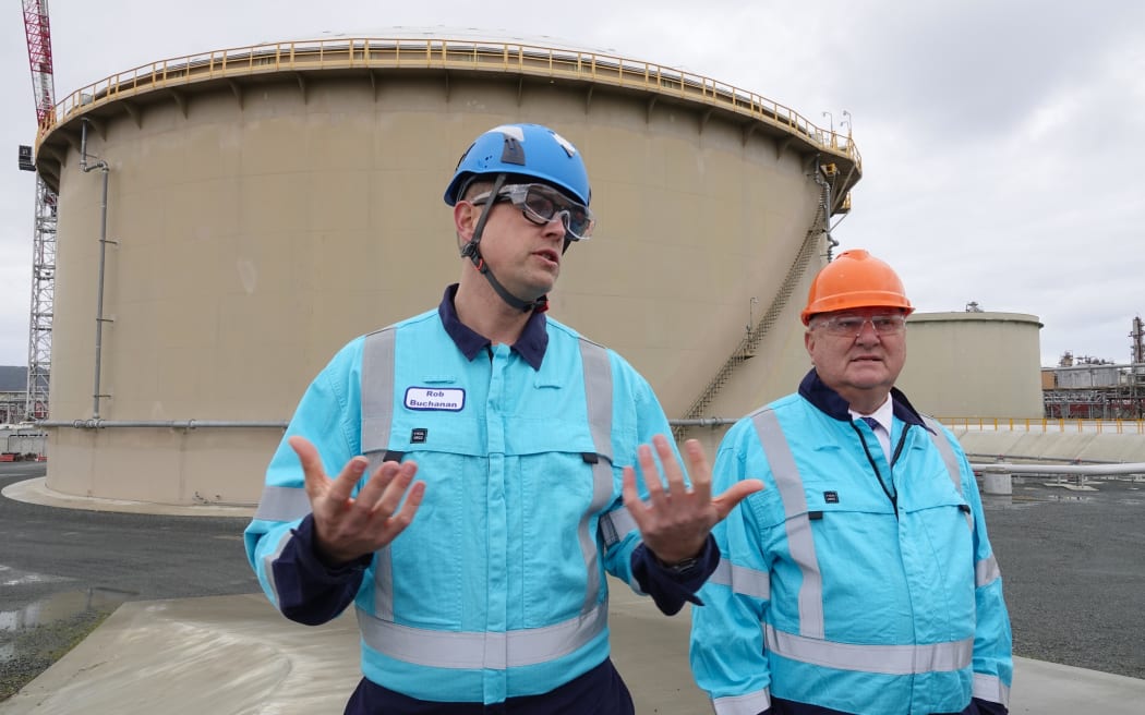 Channel Infrastructure chief executive Rob Buchanan and Regional Development Minister Shane Jones at Marsden Point’s fuel storage facility.