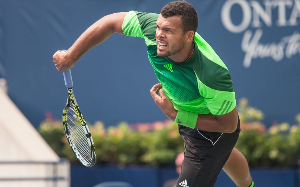 Jo-Wilfried Tsonga during his defeat of Novak Djokovic at the Toronto Masters, 2014.
