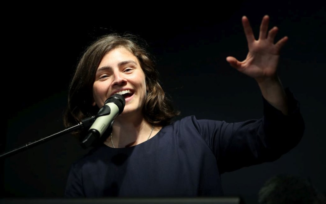 AUCKLAND, NEW ZEALAND - OCTOBER 17: Green Party Candidate for Auckland Chloe Swarbrick speaks during the Greens Party Election Function at Grid X on October 17, 2020 in Auckland, New Zealand.