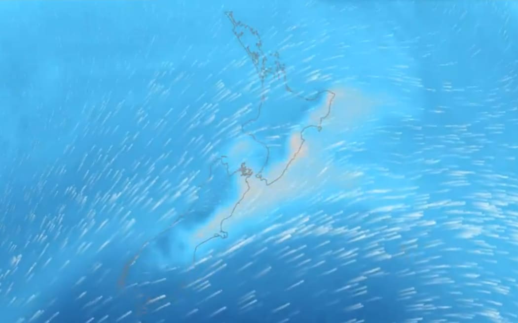 MetService map view of the winds blowing over from the Southern Ocean, for the week of 1 July, 2024.