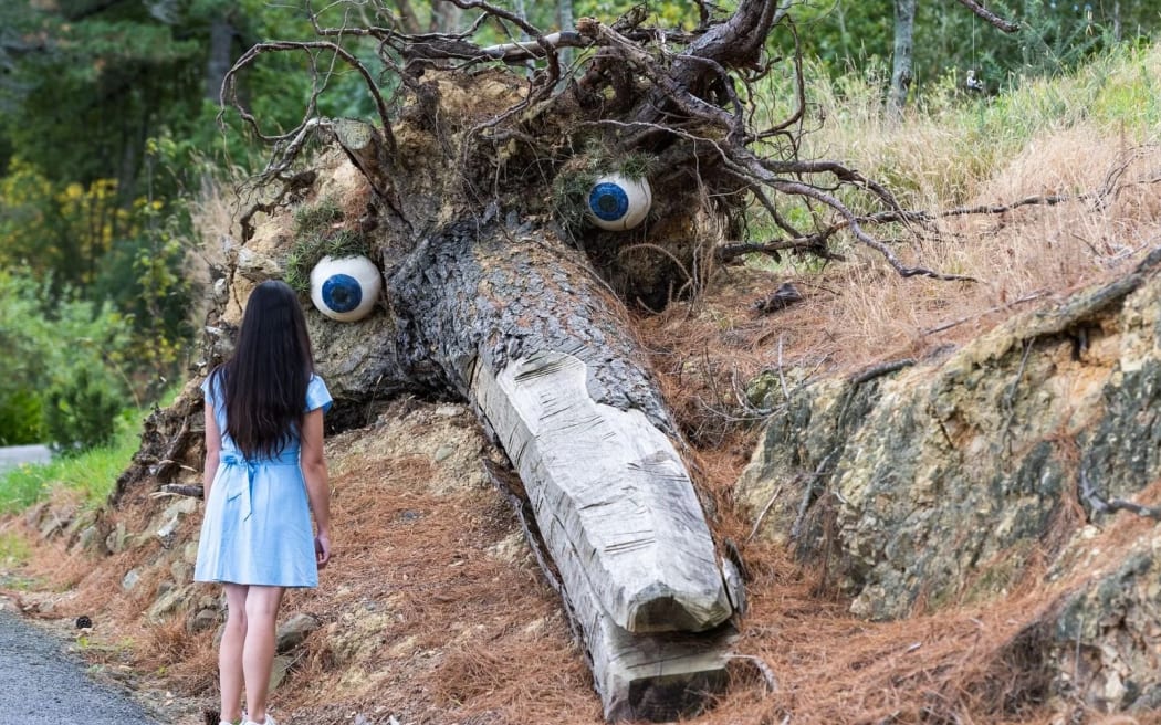 A sculpture made from a fallen tree at the arboretum.