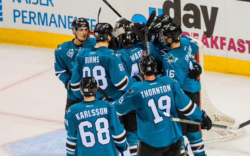 San Jose Sharks celebrate a goal.