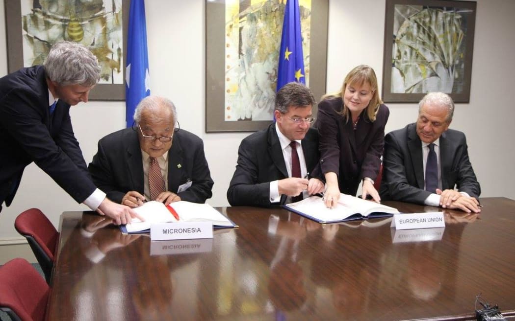 Federated States of Micronesia signs visa waiver agreement with the European Union. From left: FSM Secretary of Foreign Affairs Lorin S. Robert, Slovakia's Minister of Foreign Affairs Miroslav Lajčák and the European Commissioner for Migration Dimitris Avramopoulos.