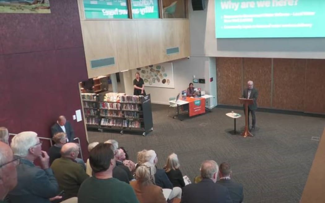 Ashburton Mayor Neil Brown addresses the crowd at the Local Water Done Well public consultation meeting at Te Whare Whakatere, Ashburton's Library and Civic centre last week.
