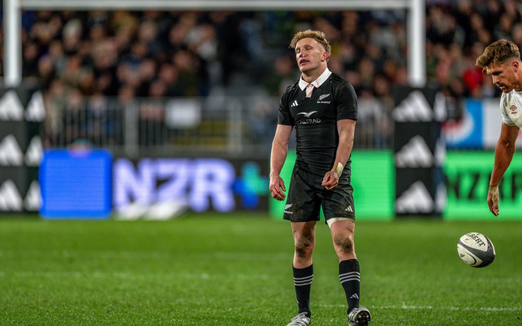 Damian McKenzie of the All Blacks after his disallowed shot at goal.