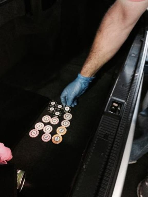 $6500 worth of casino chips were found in the boot of a Mercedes after a major nationwide police operation against an alleged meth ring.