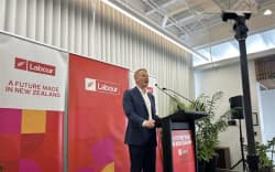 Labour leader Chris Hipkins speaking at a campaign event near Auckland’s waterfront on Thursday.