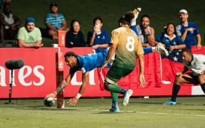 Samoan centre Melanie Nanai divers over in the corner for his try in the team’s 48-10 win over Brazil in Dubai.