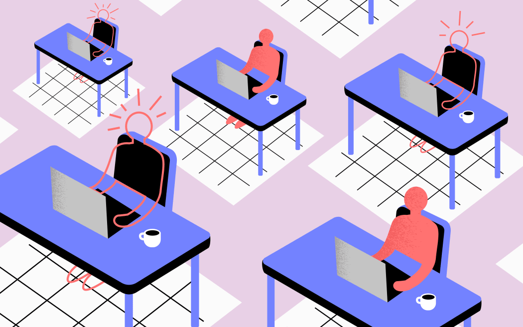 Stylised illustration of some people working at cubicles and others disappearing