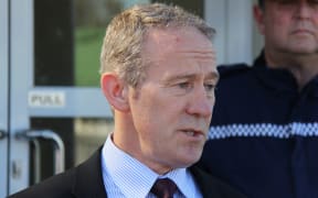 Detective inspector Tom Fitzgerald gives a briefing on the shooting this afternoon. Canterbury District Commander Gary Knowles is in the background.