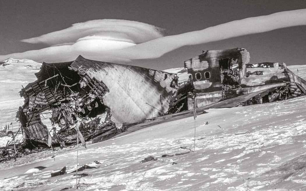 The remains of the largest section of the DC-10 aircraft, seen here from the recovery team’s campsite. A strong windcloud has formed over the summit of Mount Terror. C