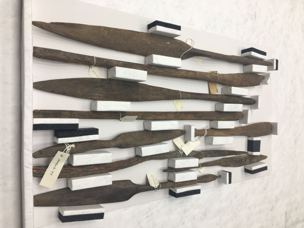 Agricultural implements re-housed in purpose-built trays to be stored in the Museum’s basement store.