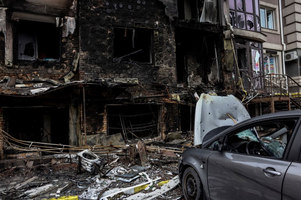 A destroyed building is pictured in Bucha, northwest of Kyiv, on 2 April, 2022. The town was liberated after a month-long occupation by Russian soldiers.