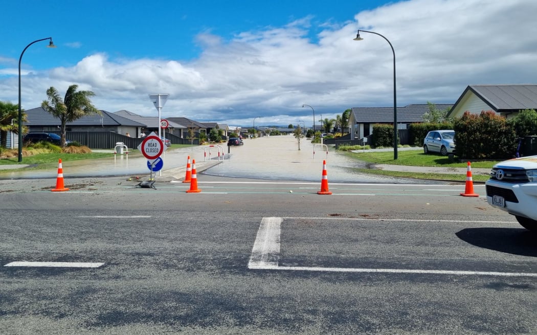 Blue skies over flooded Te Awa in Hawkes Bay