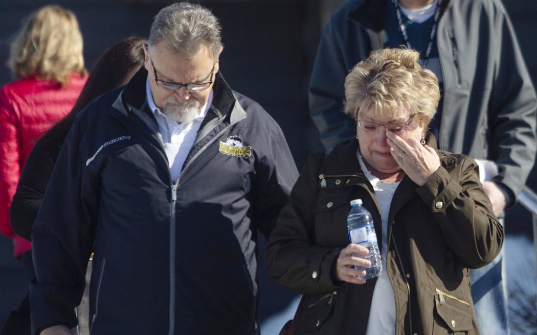 Brad Cross and Marilyn Cross, parents of the Humboldt Broncos assistant coach Mark Cross, walk out of the Kerry Vickar Centre after the sentencing for truck driver Jaskirat Singh Sidhu in Melfort, Sask., Friday, March, 22, 2019.