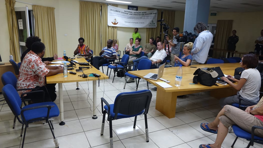 A nightly press briefing at the NDMO head office in Port Vila. The international media were very critical of the delays in aid distribution.