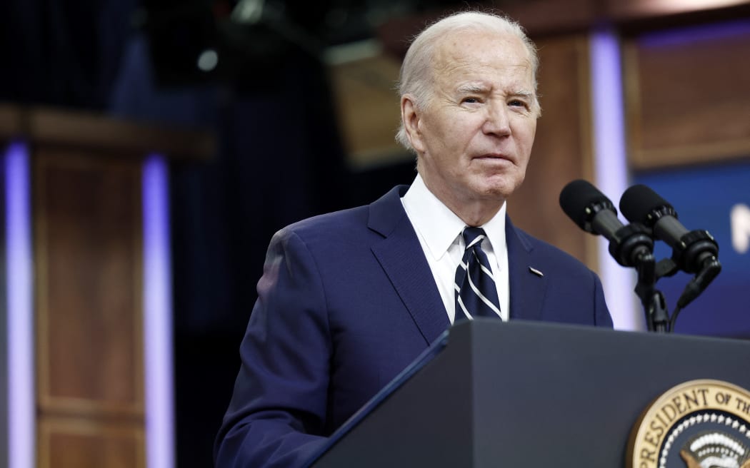 WASHINGTON, DC - APRIL 12: U.S. President Joe Biden gives remarks virtually to the National Action Network Convention from the South Court Auditorium in the Eisenhower Executive Office Building on the White House campus on April 12, 2024 in Washington, DC. During Biden’s remarks, he spoke on his administration’s advancements in protections of civil rights.   Anna Moneymaker/Getty Images/AFP (Photo by Anna Moneymaker / GETTY IMAGES NORTH AMERICA / Getty Images via AFP)