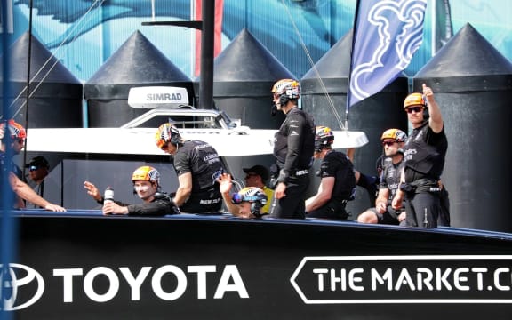 Team New Zealand heading out from Auckland viaduct for America's Cup race on 17 March 2021