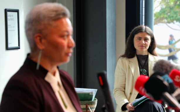 Green co-leaders Chlöe Swarbrick and Marama Davidson at the announcement.