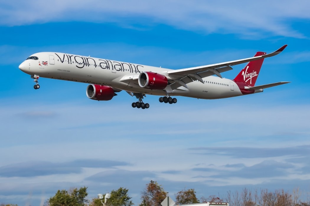 Virgin Atlantic Airways Airbus A350-1000 aircraft as seen on final approach arriving and landing at JFK John F. Kennedy International Airport in NYC, New York, USA.
