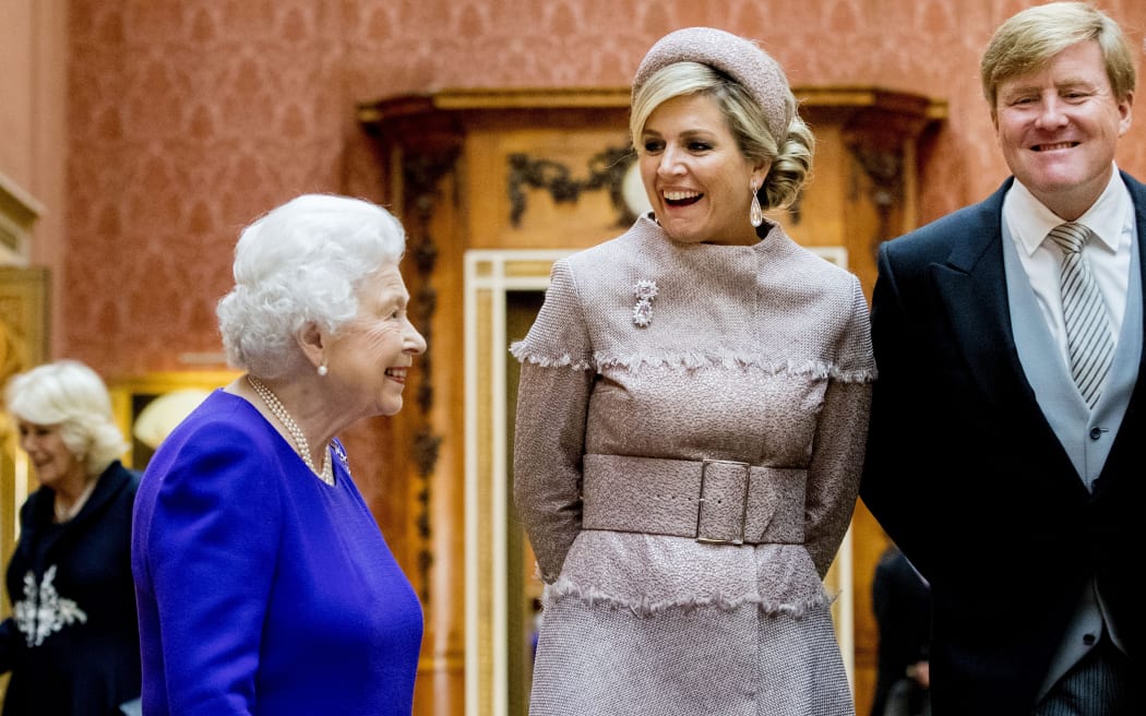 Queen Elizabeth II with Queen Maxima and King Willem-Alexander of The Netherlands in Buckingham Palace in 2018