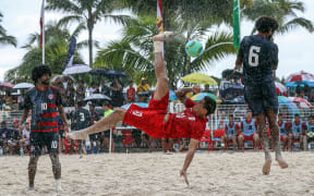 Tahiti's Tearii Labaste does a bicycle kick during the Tiki Toa's 10-0 win over New Caledonia.