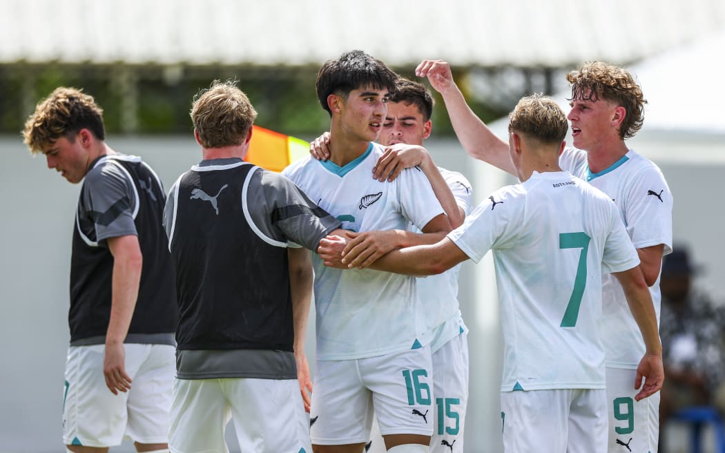 New Zealand celebrate a goal at the OFC Men's U-19 Championship 2024, New Zealand v New Caledonia, FFS Football Stadium Apia.