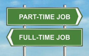 Part time job. Road sign on the sky background. Raster illustration.
