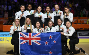 New Zealand Silver Ferns team pose for a photograph with their bronze medals, Birmingham Commonwealth Games, 2022.
